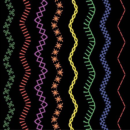 A set of endless and seamless sewing, stitches and embroidery with colored threads on a black background, pattern on fabric. Isolated vector illustration, craft concept.のイラスト素材