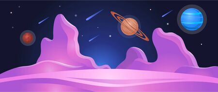 Cosmic planet landscape or surface with craters background with place for text flat vector illustration. Science fiction galaxy and universe fantasy horizontal banner.のイラスト素材