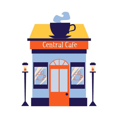 Facade of coffee shop store or cafe with big hot drink cup sign flat cartoon vector illustration isolated on white background. Street food cafeteria or bistro front.のイラスト素材