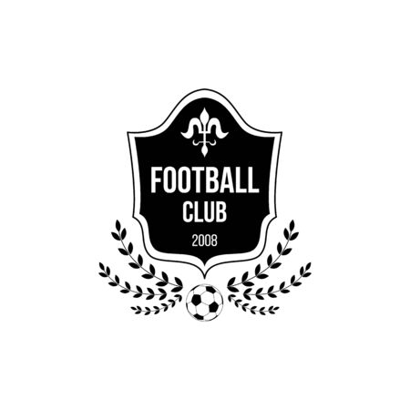 Football club logo with shield badge shape and soccer ball symbol decorated with wreaths - sport team insignia icon isolated on white background. Flat black vector illustration.のイラスト素材