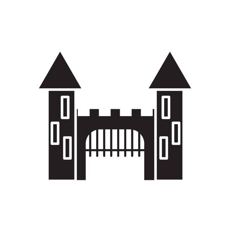 Medieval castle with towers and gate black icon silhouette vector illustration isolated on white background. Fortress tower fantasy building architecture element.のイラスト素材