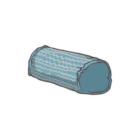 Blue hand drawn bolster cushion with cylinder shape and striped pattern isolated on white background - sofa pillow decoration element in cartoon sketch style - vector illustration.のイラスト素材