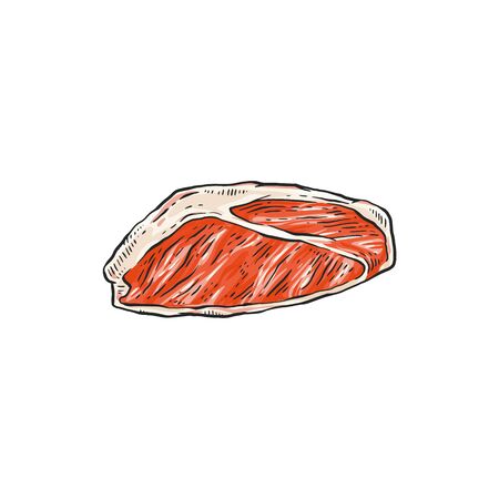 Piece of raw red meat - beef, pork, lamb vector icon in sketch style illustration isolated on white background. Healthy Paleo eating or high protein ketogenic diet.のイラスト素材