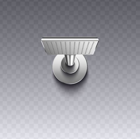 Square wall mount shower head with realistic silver metal texture isolated on transparent background, modern showerhead fixture for bathroom wash - vector illustration.のイラスト素材