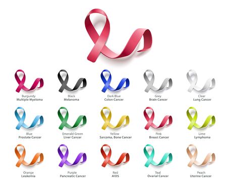 Vector awareness ribbons, cancer prevention and treatment symbols set. International health care campaign for uncurable disease treatment.のイラスト素材