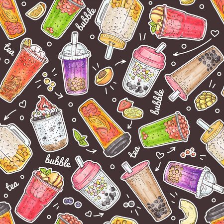Bubble tea seamless pattern - hand drawn sweet drinks with different boba bubbles and toppings. Colorful beverage set with fruit and iceのイラスト素材