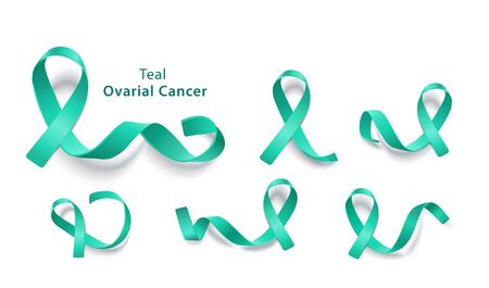 Set Of Teal Ribbons For Ovarian Cancer Awareness Day Collection Of Pins For Charity Collection Of Isolated Icons On White Background Vector Illustration Ù…ÙˆÙ‚Ø¹ ØªØµÙ…ÙŠÙ…ÙŠ