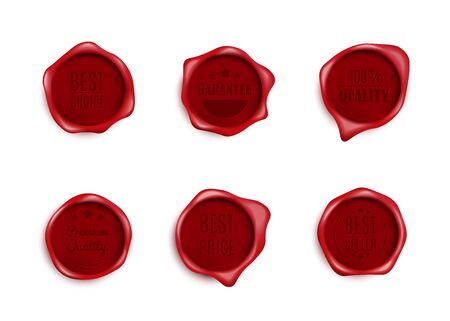 Premium quality, best price red wax seals set of realistic vector illustrations isolated on white background. Guarantee labels or emblems for packaging and advertising.のイラスト素材