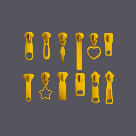 Set of different zipper pullers or fastener clasp metal element 3d realistic vector illustration isolated on grey background. Fashion accessories in various shapes.のイラスト素材