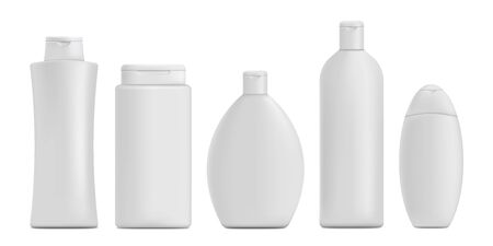 Shampoo bottle mockup set - realistic white blank bathroom product container branding and packaging template collection isolated on white background, vector illustrationのイラスト素材
