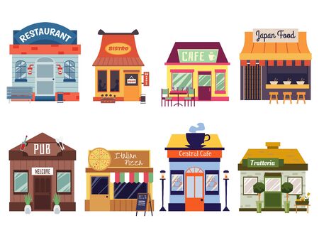 European and Oriental food restaurant buildings facades set of flat vector illustrations isolated on white background. Cafeteria, pub and bistro street food cafes fronts.のイラスト素材