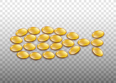 Fish oil  product  pills 3d realistic illustration isolated on transparent background. Medicine vitamin supplement for health and beauty.のイラスト素材