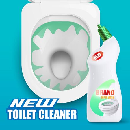Advertising promotional banner template of new cleaner detergent with top view of modern toilet bowl seat, realistic illustration isolated on background.のイラスト素材
