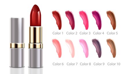 Lipstick silver and gold beautiful tube and tints examples 3d realistic illustration isolated on white background. Advertising post or banner for cosmetic retail.のイラスト素材