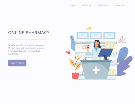 Cute woman cartoon character, pharmacist in uniform standing at counter on backdrop of drugstore shelves, flat illustration. Template for website or landing page.のイラスト素材