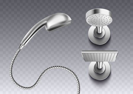 Chrome shower head in front and side view with a hose pipe and wall hanging 3d vector illustrations set isolated on transparent background. Bath room equipment element.のイラスト素材