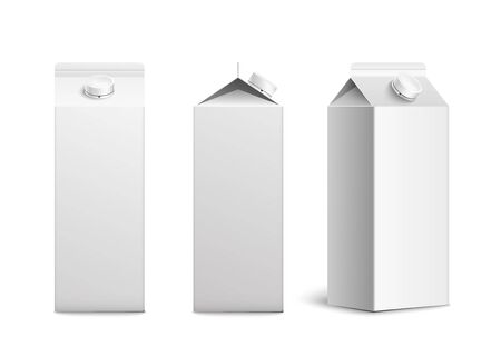 Juice or milk blank cardboard packaging mockup 3d realistic vector illustrations set isolated on white background. Empty drink container for product branding presentation.のイラスト素材