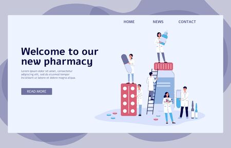 Online pharmacy banner with cartoon pharmacist people holding different medicine - medical website landing page template with textのイラスト素材