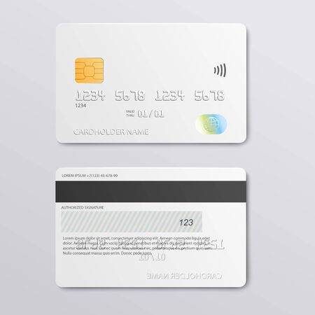 White credit card design mockup - front and back view set of realistic plastic bank debit card with empty copy space for branding template, vector illustration.のイラスト素材