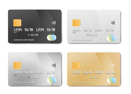Plastic bank card design template set - isolated credit or debit cards mockup in black, silver, white and gold colors. Realistic vector illustration collection.のイラスト素材