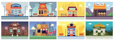 Colorful cafe and restaurant building banner set in flat cartoon style. Small modern facade fronts of food and drink places in cities and nature, vector illustrationのイラスト素材
