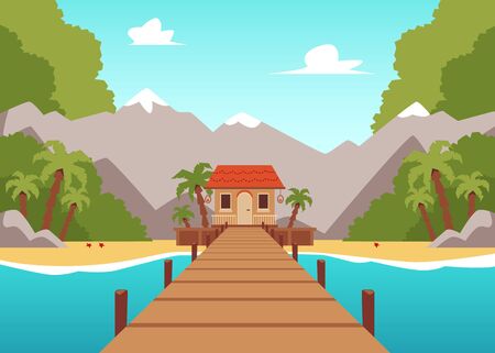 Tropical island landscape with wooden bridge leading to beach house standing on sea shore with mountain and palm tree forest background. Flat vector illustrationのイラスト素材