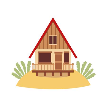 Tropical island beach house isolated on white background - brown wooden hut with red roof standing on sand hill. Holiday bungalow cottage - flat vector illustration.のイラスト素材