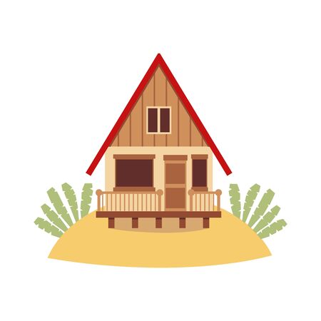 Tropical island beach house isolated on white background - brown wooden hut with red roof standing on sand hill. Holiday bungalow cottage - flat vector illustration.