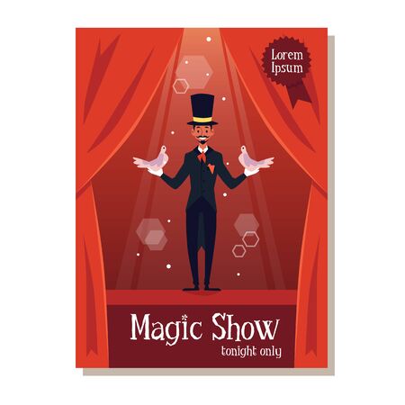 Magic show - banner or poster template with magician or illusionist cartoon character red background, flat vector illustration. Circus entertainment flyer or invitation.のイラスト素材