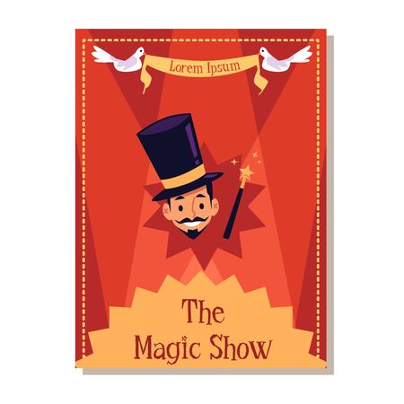 Magic show flyer poster template with cartoon magician in top hat smiling on red spotlight background - circus entertainment event banner - flat vector illustration.のイラスト素材