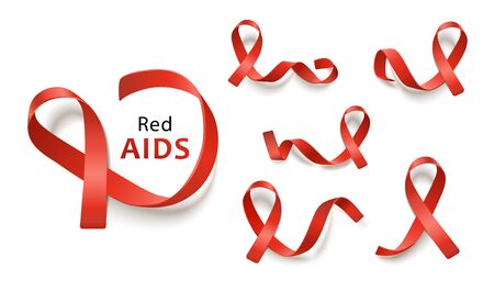 Set of red ribbons for leukemia and aids awareness charities, collection of different realistic icons for important cause - vector illustration isolated on white background.のイラスト素材