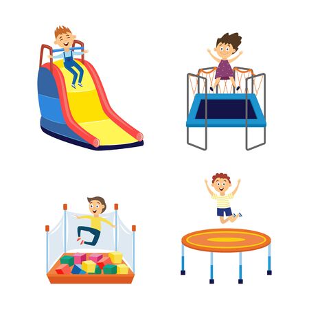 Cartoon children in amusement park playground - isolated set of boys and girl bouncing on trampoline, going down a slide and jumping into cube pit. - flat vector illustration.のイラスト素材