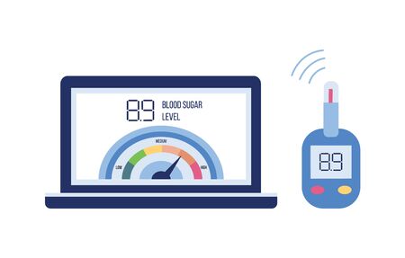 Blood sugar level test on glucose meter and laptop screen - diabetes app for computer and modern wireless device. Health technology - flat isolated vector illustration.のイラスト素材