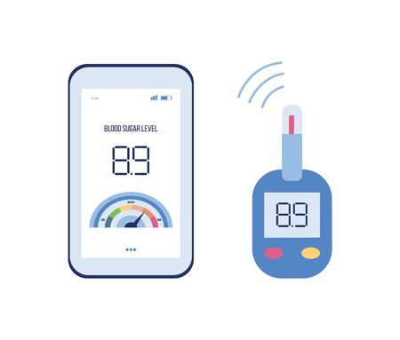 Medical diabetes help app with blood sugar level information going from glucose meter to phone screen via wireless connection - flat isolated vector illustration of modern deviceのイラスト素材