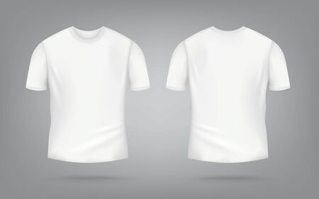White male t-shirt realistic mockup set from front and back view on grey background, blank textile print design template for fashion apparel - vector illustrationのイラスト素材