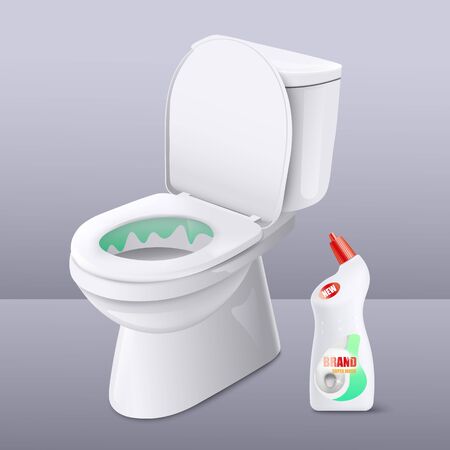 Toilet cleaner liquid gel ad poster with realistic white ceramic toilet bowl with green disinfectant detergent inside. Cleaning product label template - vector illustrationのイラスト素材