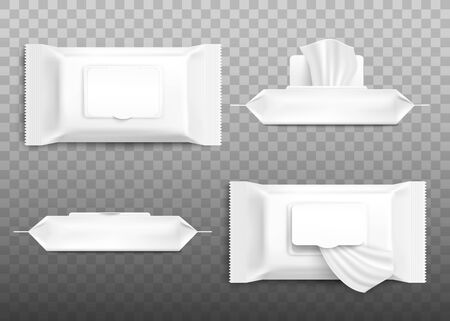 Realistic cosmetic wet wipe pack mockup set with open and closed flap from top and side view isolated on transparent background - blank template vector illustrationのイラスト素材