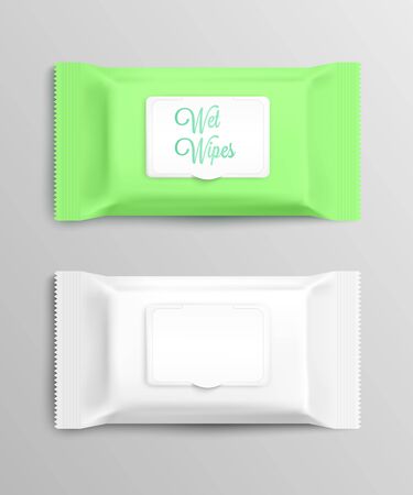 Set of closed white and green wet wipes packages mockup, photo realistic vector illustration isolated on background. Antibacterial hygienic napkins template.のイラスト素材