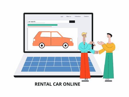 Car search website - cartoon salesman giving car keys to customer standing near laptop with online auto rental or purchase service interface. Isolated flat vector illustration.のイラスト素材