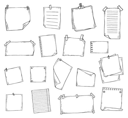 Paper page doodle set in hand drawn line art sketch style - pieces of blank note book sheets with sticky tape and other stationery isolated on white background, vector illustrationのイラスト素材