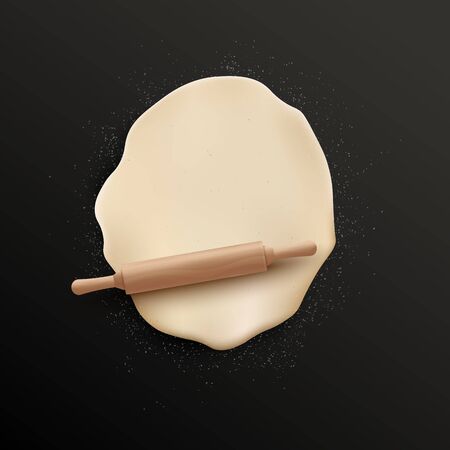 Raw dough flattened with wooden rolling pin 3d photo realistic vector illustration isolated on black background. Element for pastry and bakery or cooking ingredient.のイラスト素材
