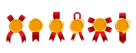 Golden yellow seal wax stamp with read silk ribbon in bow and loop shape - isolated realistic set. Vintage letter or warranty certificate element, vector illustration.のイラスト素材