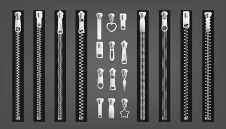 Set of different zippers or metal lock fastener realistic vector illustrations isolated on gray background. Clothing fashion details - pullers and zips collection.のイラスト素材