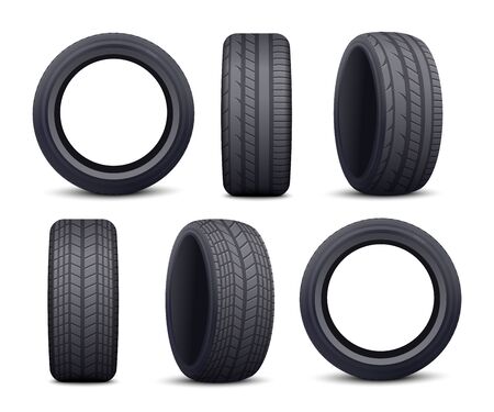 Realistic black car tire set isolated on white background - front and side view of auto wheel protector with different patterns and angles. Vector illustration.のイラスト素材