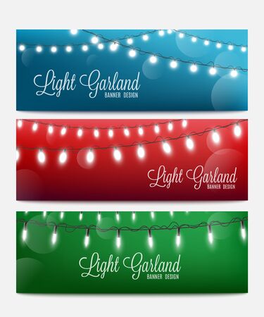 Set of abstract bokeh backgrounds with garland lights in various colors, realistic vector illustration. Holiday celebrations and party flyer or poster backdrop template.のイラスト素材