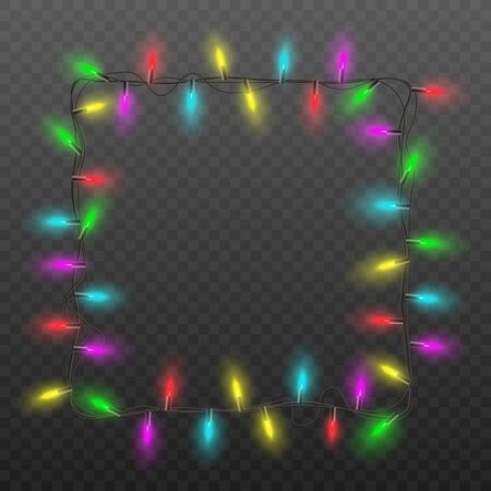 Festive square frame of realistic Christmas lights garland with colorful shining light bulbs isolated on dark transparent background - holiday decoration vector illustration.のイラスト素材