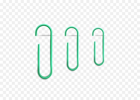 Set of different size clips clamping paper edge, vector realistic illustration isolated on transparent background. Stationery accessories fastening documents front view.のイラスト素材
