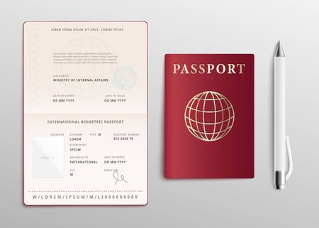 Realistic passport with globe sign on red cover and pen mockup set of 3d vector illustrations isolated on light background. Open and closed ID document for traveling.のイラスト素材