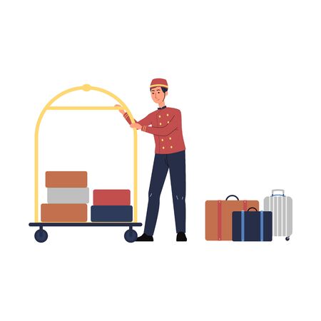 Porter man cartoon character in uniform and with luggage trolley flat vector illustration isolated on white background. Hotel staff for tourism and traveling projects.のイラスト素材