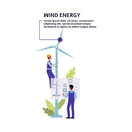 Wind energy turbines and engineers in ecological renewable power sources concept, flat cartoon vector illustration isolated on white background. Green environment banner.のイラスト素材